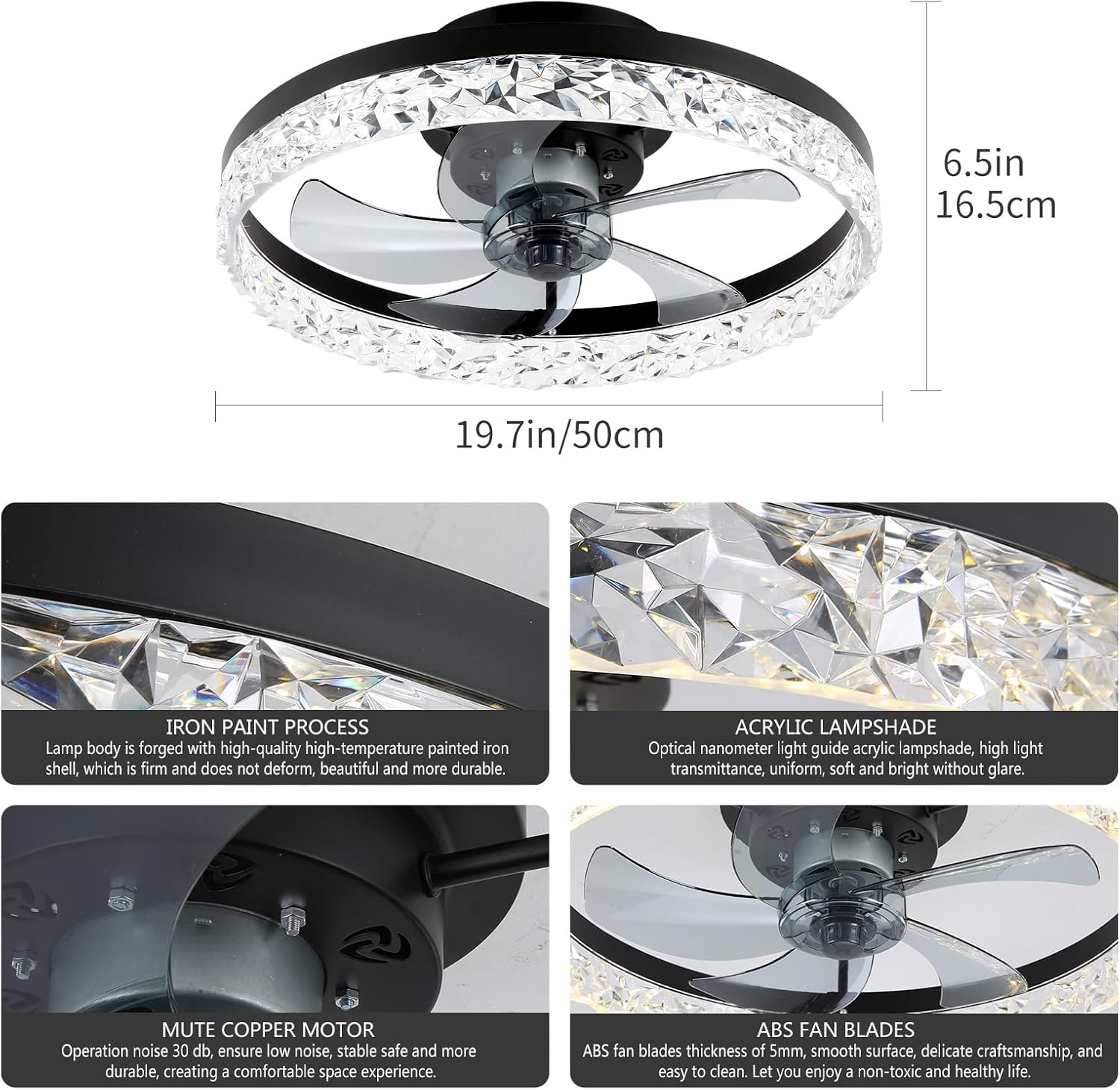 Cluelyhoo 19.7&rdquo; Ceiling Fans with Lights Flush Mount, Black Ceiling Fan Dimmable and Remote Control, Modern Low Profile Flush Ceiling Fan for Bedroom