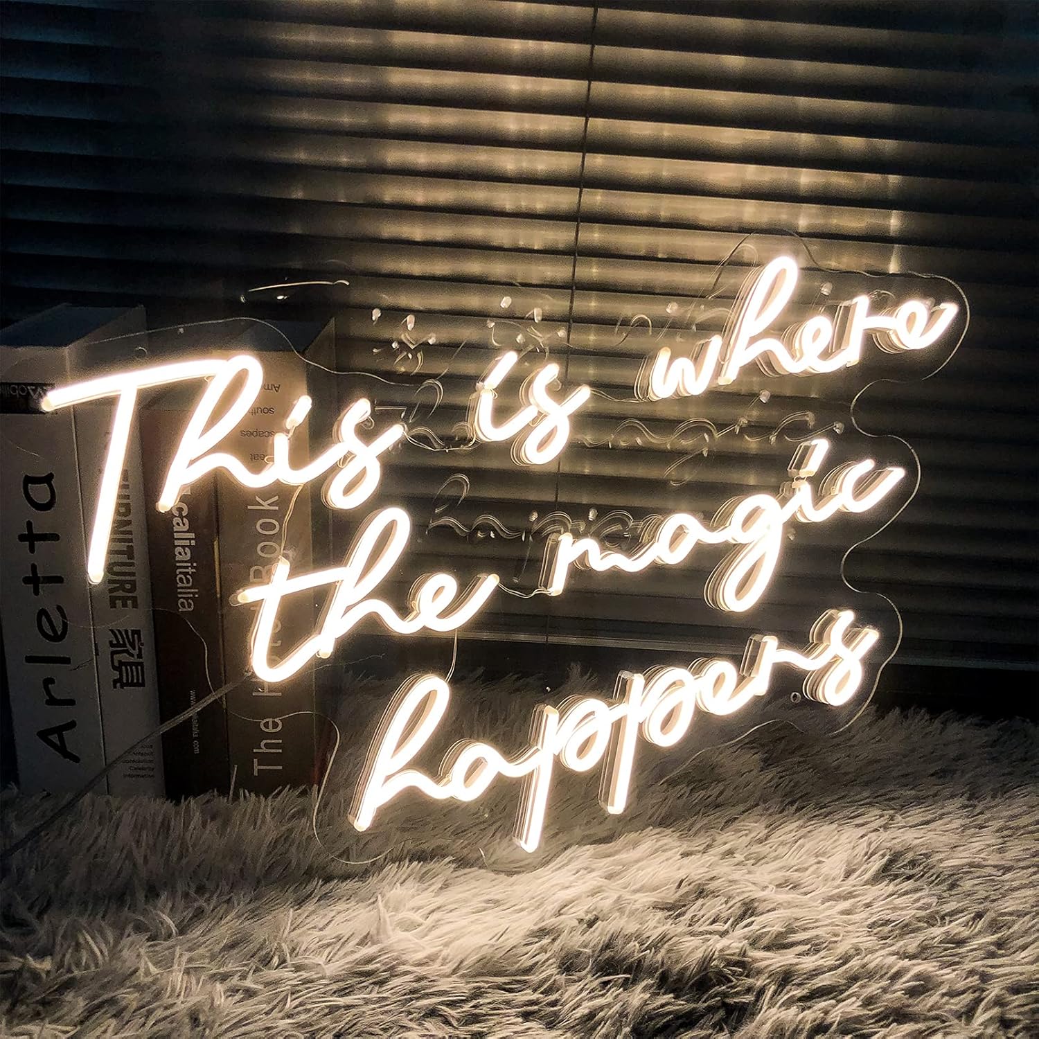 Neon Sign This is Where The Magic Happens-Transparent Acrylic with Dimmer Flex Indoor Bedroom Decor Wall LED Neon Signs 23.6×13.4 IN Bar Christmas Party Wedding Girl Boy Living Room Office Warm White