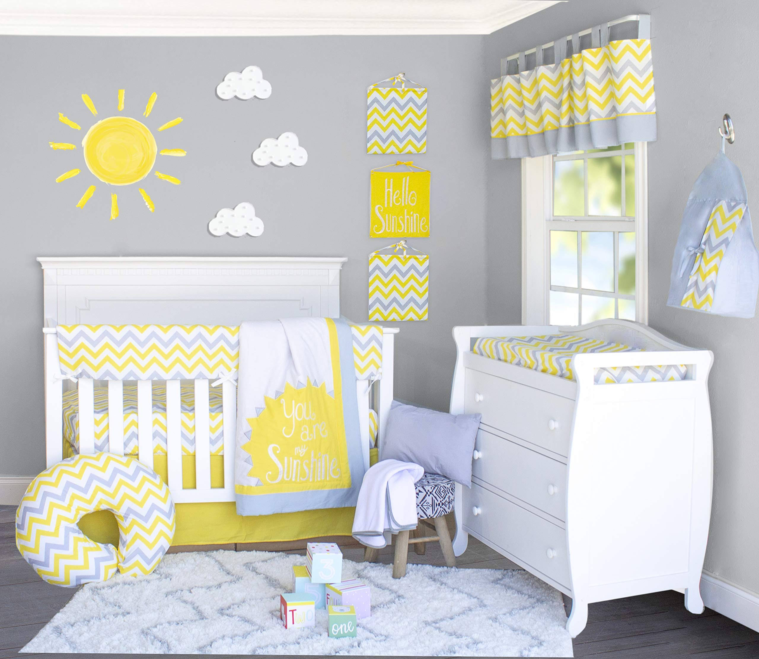 Pam Grace Creations BDNB-6-Sunshine Sunshine Crib Bedding Set Yellow Grey u0026 White - 6 Piece