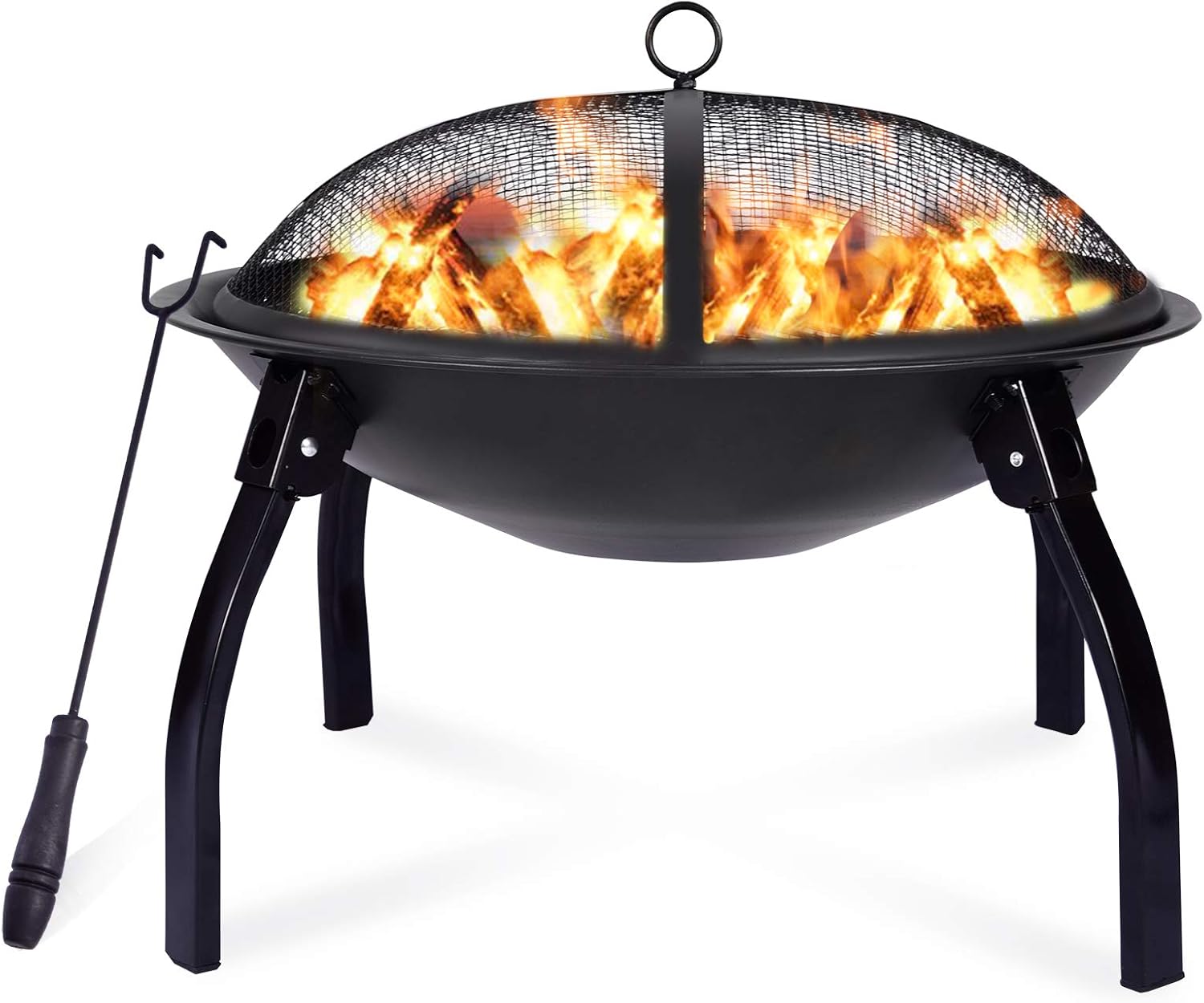 Portable Outdoor Fire Pit Bowl Round Bonfire Wood Burning Patio& Backyard Firepit for Outside Fire Pits Steel BBQ Grill Firepit Bowl with Spark Screen,Fireplace Poker,Folding Stand,Carrying Case Cover