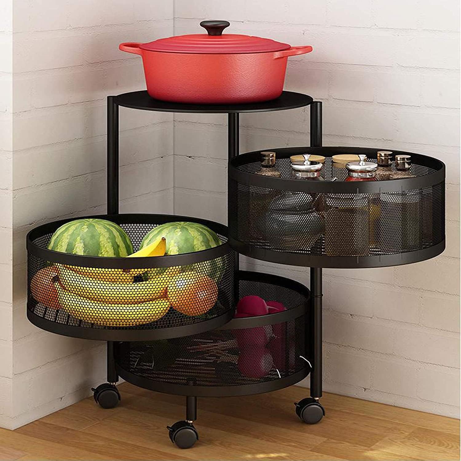Kitchen Storage Rack-Rotating Vegetable Rack Floor-Standing Multi-Layer Movable Kitchen Kitchen Organizer, Household Storage Rack Shelf for Kitchen Living Fruit Vegetable Snack Stand (4F Black)