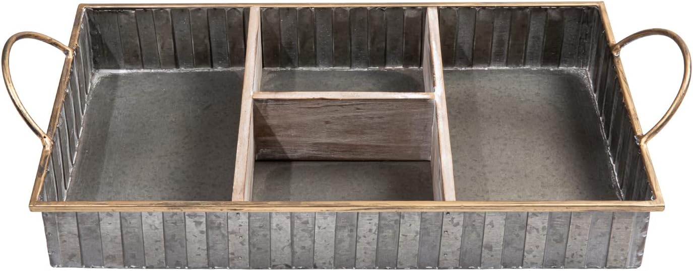 HOMPUS Galvanized Metal Storage Tray with Dividers Rustal Farmhouse Desk Organizer with Handle, Decorative Silverware Drawer Caddy with 4 Compartmentsfor Home, Kitchen, Living Room or Office Pack of 2