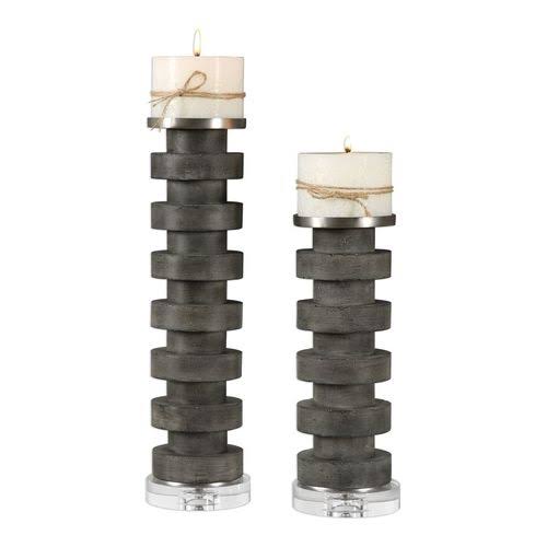 My Swanky Home Concrete Charcoal Gray Candle Holder Set Pair Pillar Round Stacked Discs