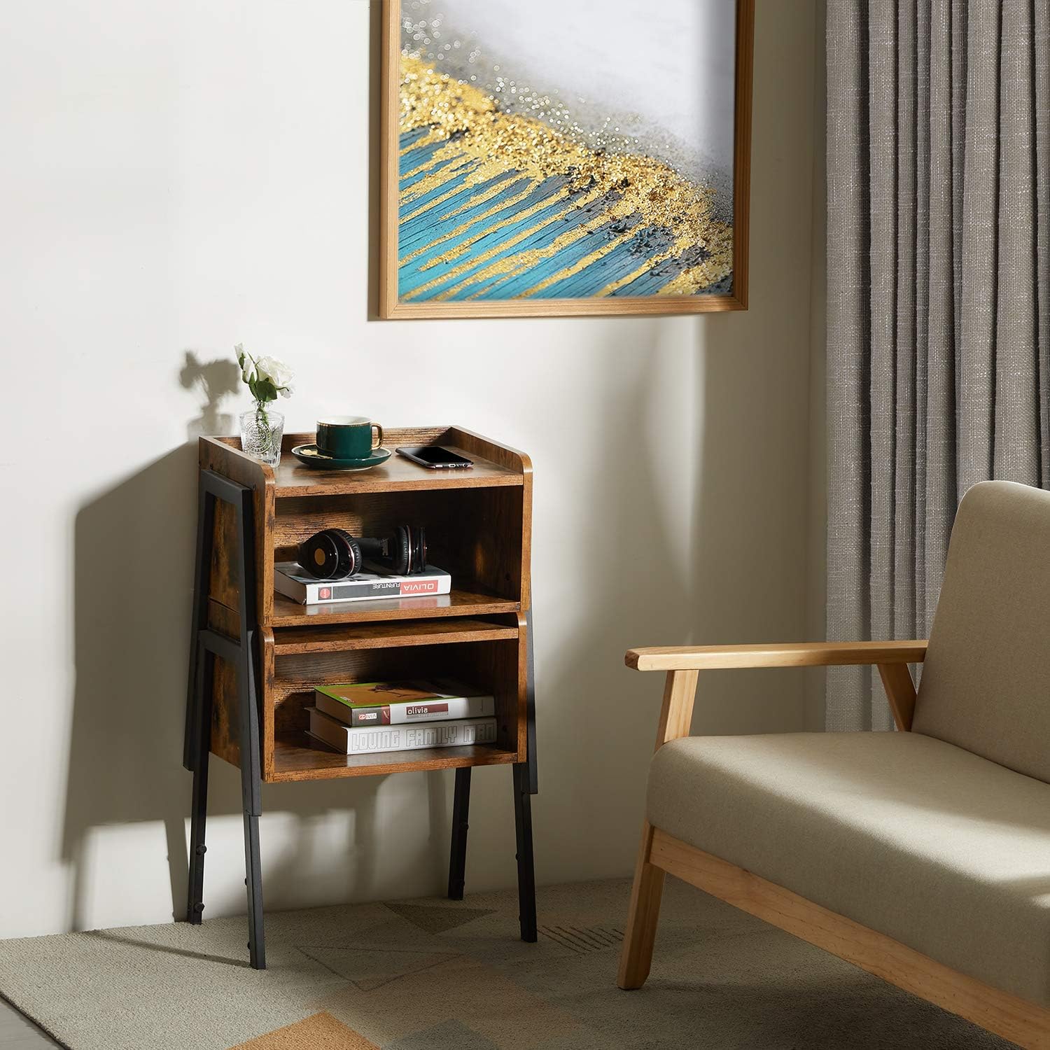 KICODE Night Stand, Set of 2 Stackable End Table with Storage Cabinet, Side Table for Small Spaces, Wood Look Accent Table with Metal Frame, Rustic Brown (2) Pack of 2