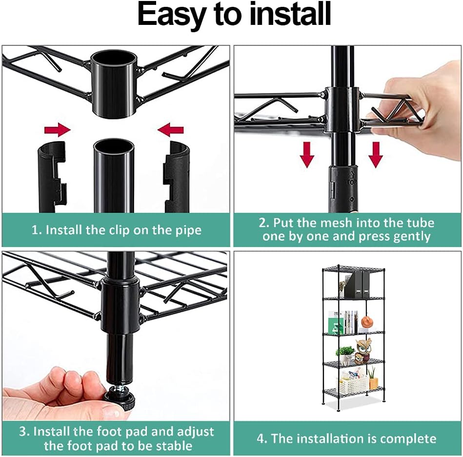 5-Shelf Adjustable Wire Shelves, Metal Storage Shelves Utility Shelves, Height Household Type Heavy Duty Storage Shelves for Kitchen, Room, Bathroom and Garage,24”L×14”W×60”H, Black Pack of 2