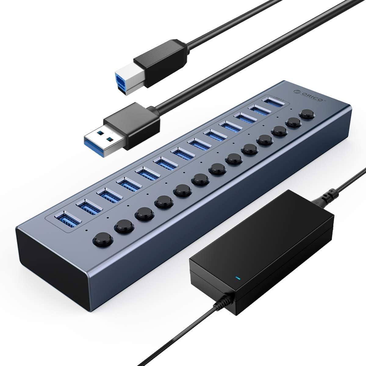 ORICO 10 Port BC 1.2 USB 3.0 Hub 10 Port Aluminum Alloy BC1.2 USB3.0 Hub Quick Charge Compatible Self Power 12V / 4A (48W) Power Supply BT2U3-10AB Pack of 2