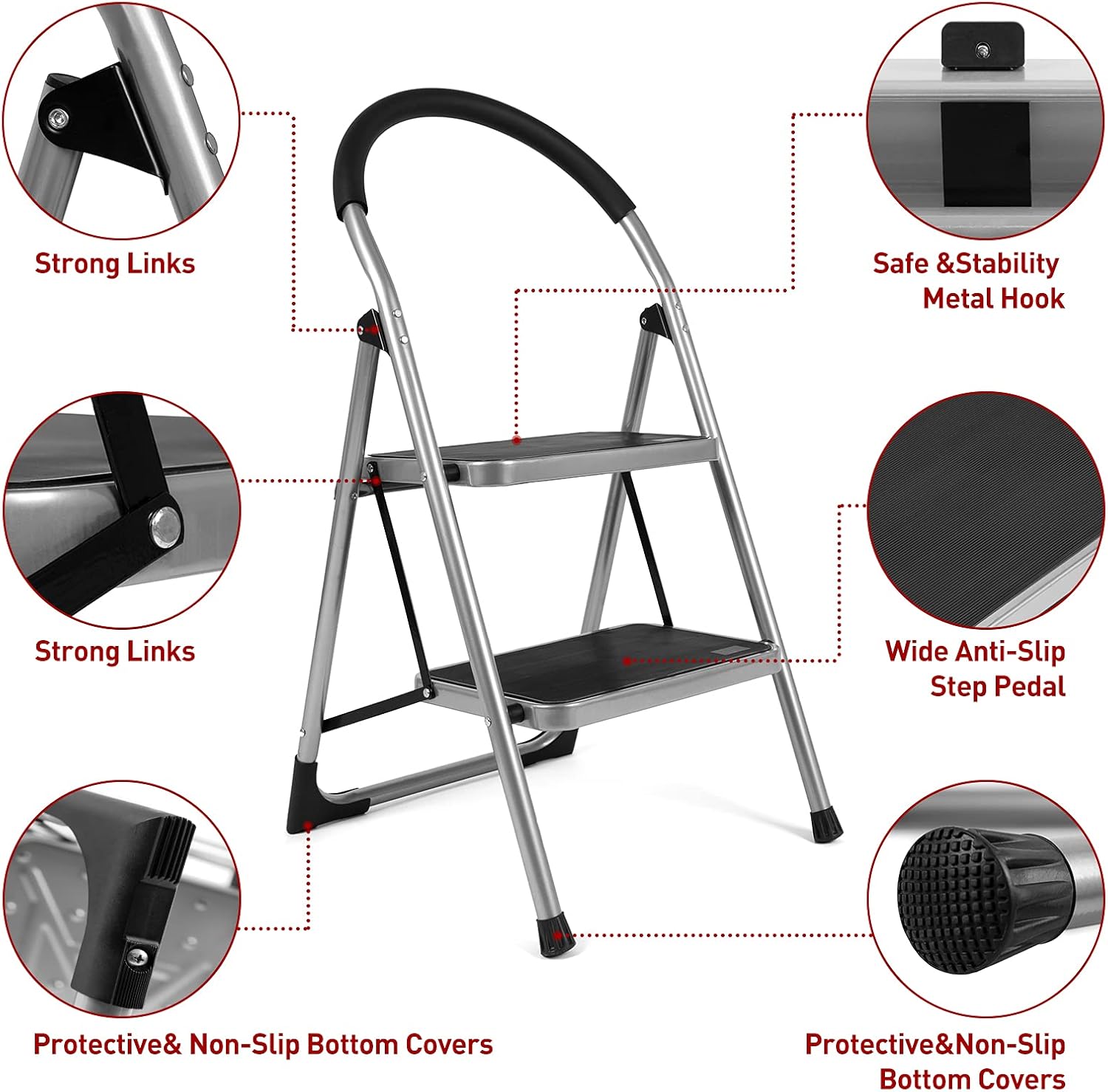 2 Step Ladder Stool Folding Stepladders with Handgrip Anti-Slip Sturdy and Wide Pedal Lightweight Easy to Use Heavy Duty Steel 330lbs Capacity Pack of 2