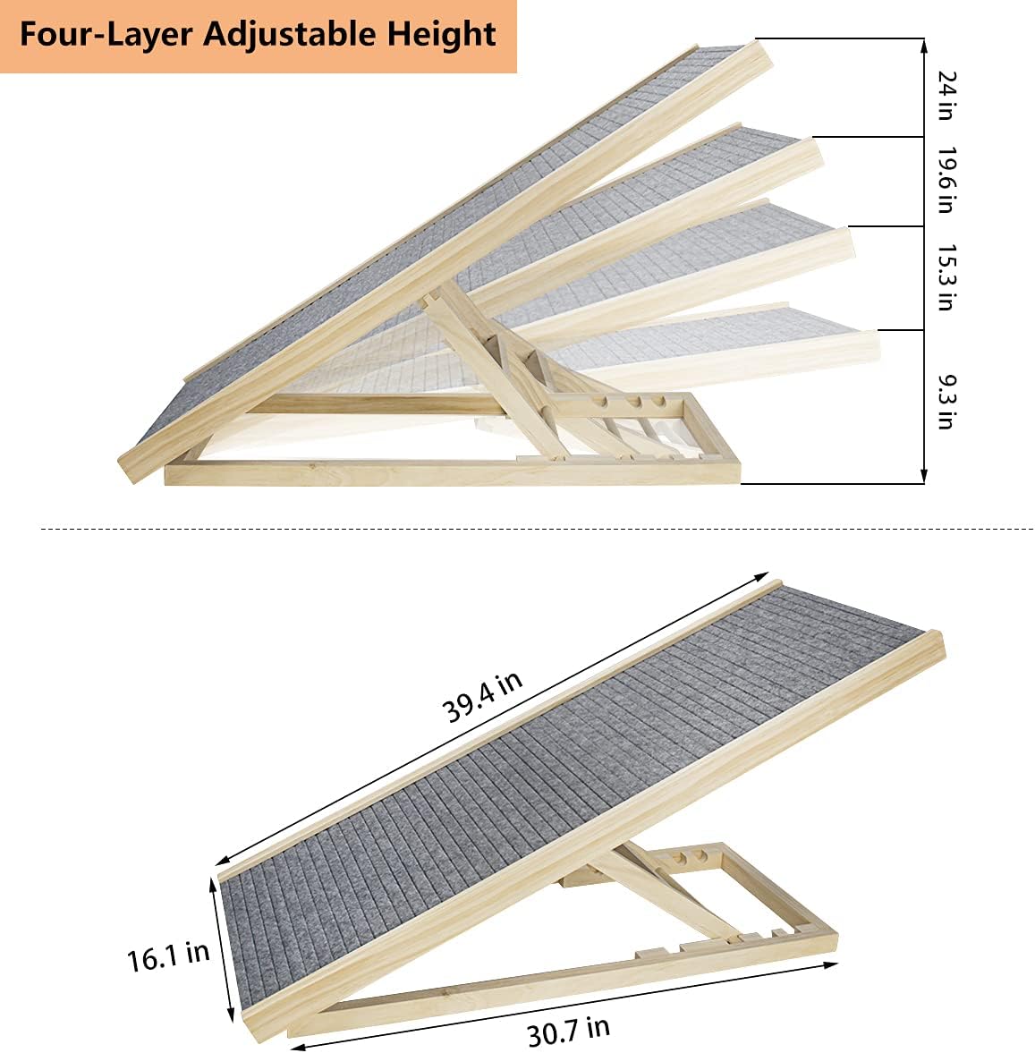 Butizone Wooden Adjustable Pet Ramp, Folding Portable Dog Ramp for Couch, Bed and Car, Height Adjustable Ramp with Paw Traction Mat, Supports up to 110lb Pack of 2