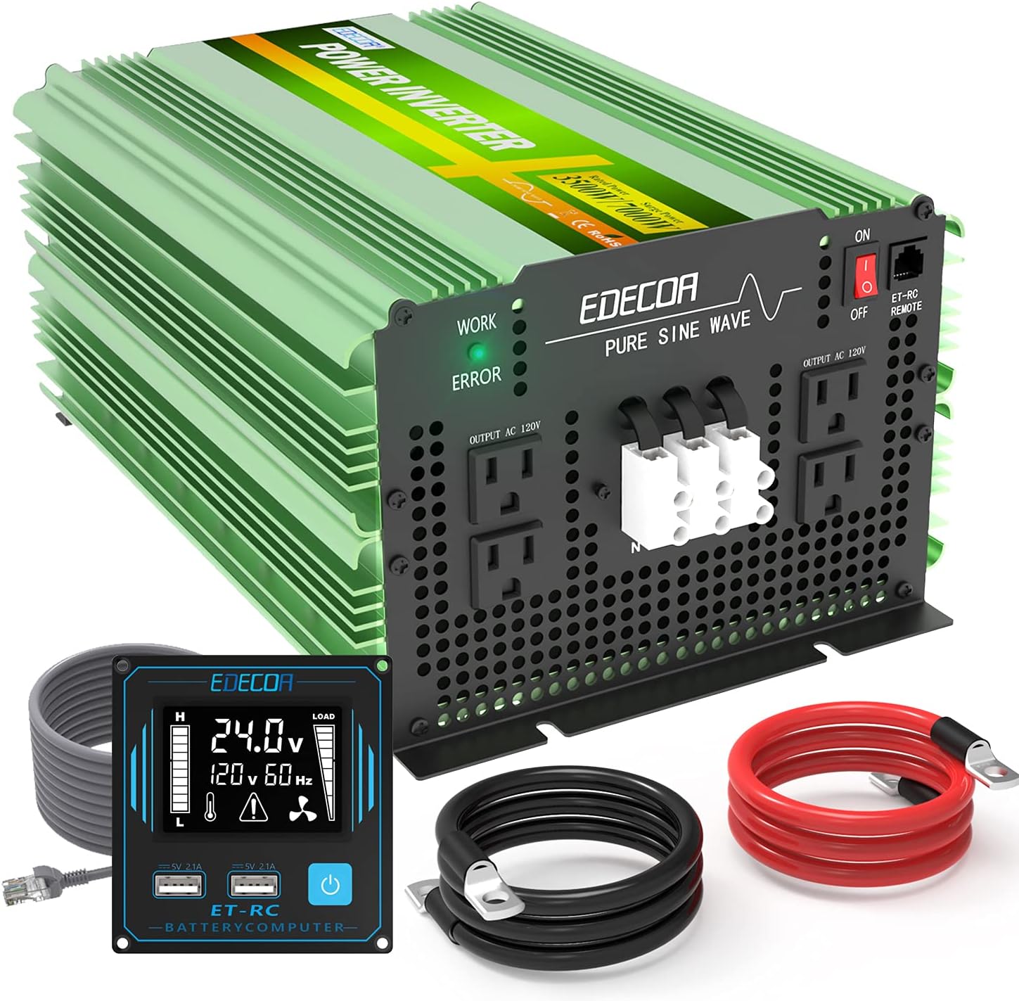EDECOA 3500 Watt 24V Pure Sine Wave Power Inverter DC 24V to 120V 110V AC with LCD AC Terminal Block (3500W/24V V3.1 ( ET-RC Remote))