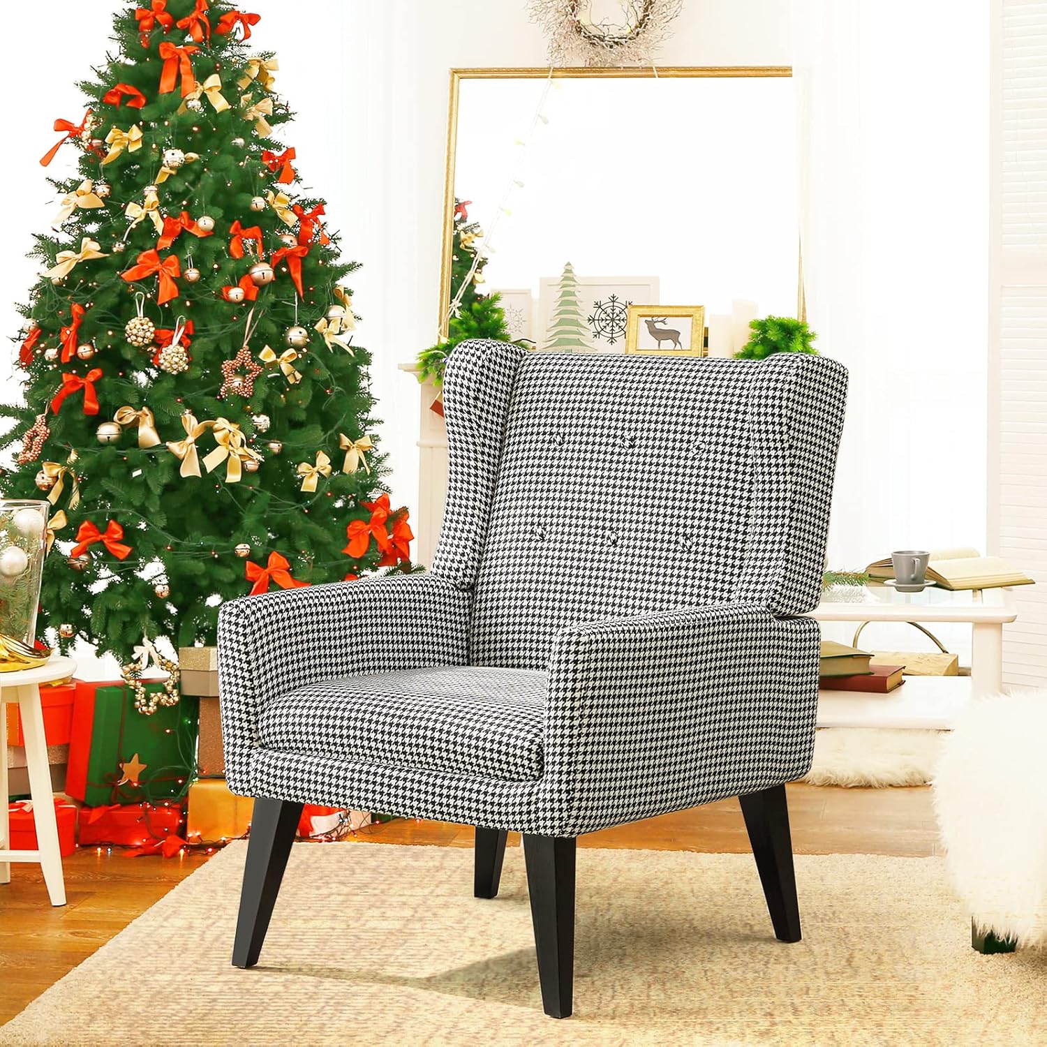 ELUCHANG Accent Chair,Mid Century Modern Fabric Arm Chair,Comfy Wingback Sofa Chairs for Living Room Bedroom (Black&White)