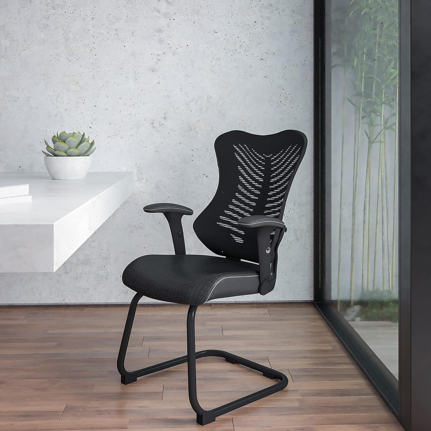 Flash Furniture Designer Black Mesh Sled Base Side Reception Chair with Adjustable Arms