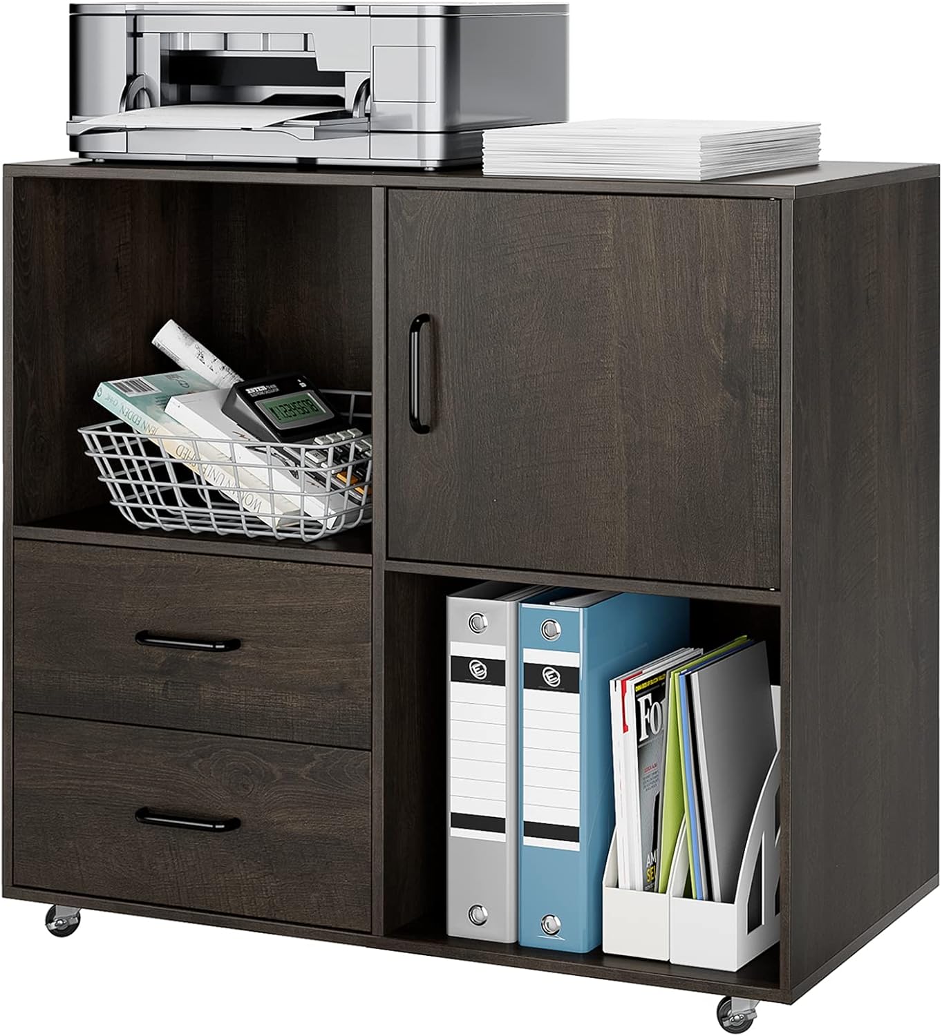 2 Drawer Mobile File Cabinet, Wood Lateral Filing Cabinet with Door, Rolling Printer Stand with Open Storage Shelves, Office Cart for Home Office, Dark Brown Pack of 2