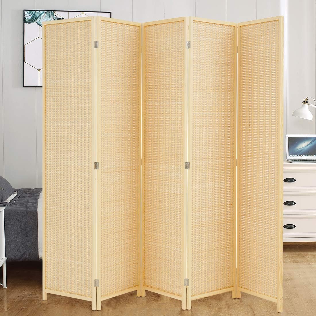 Corelax Room Divider Privacy Screen with Natural Bamboo,5 Panel Folding Privacy Screens,Freestanding Room Divider-Beige