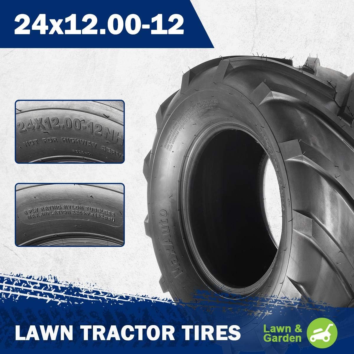 MaxAuto 2 Pcs Super Lug 24x12.00-12 24X12.00X12 Lawn Tractor Tires Very Wide 6 Ply Rated