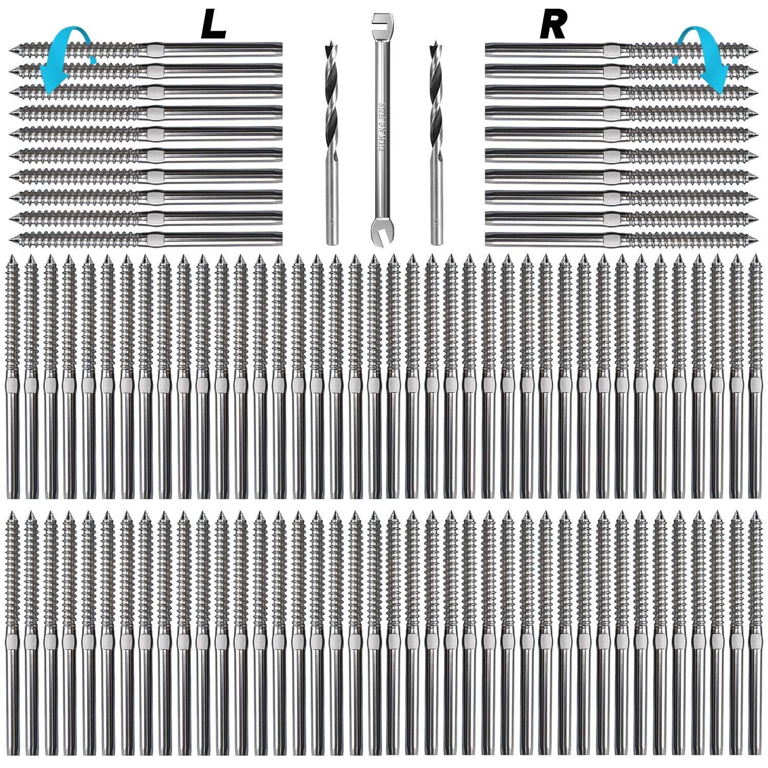 Steel DN Mate 100 Packs T316 Stainless Steel Right&Left Handed Thread Swage Lag Screws for Wood Post of 1/8