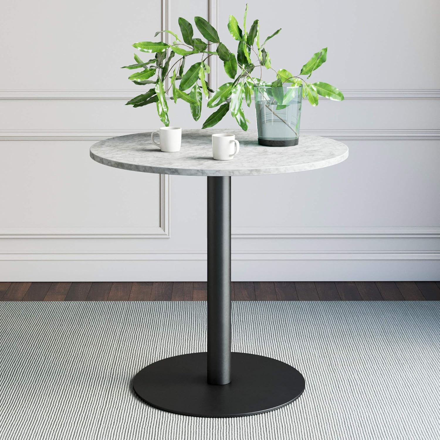 Nathan James Lucy Small Mid-Century Modern Kitchen or Dining Table with Faux Carrara Marble Top and Brushed Metal Pedestal Base, Black/Gold