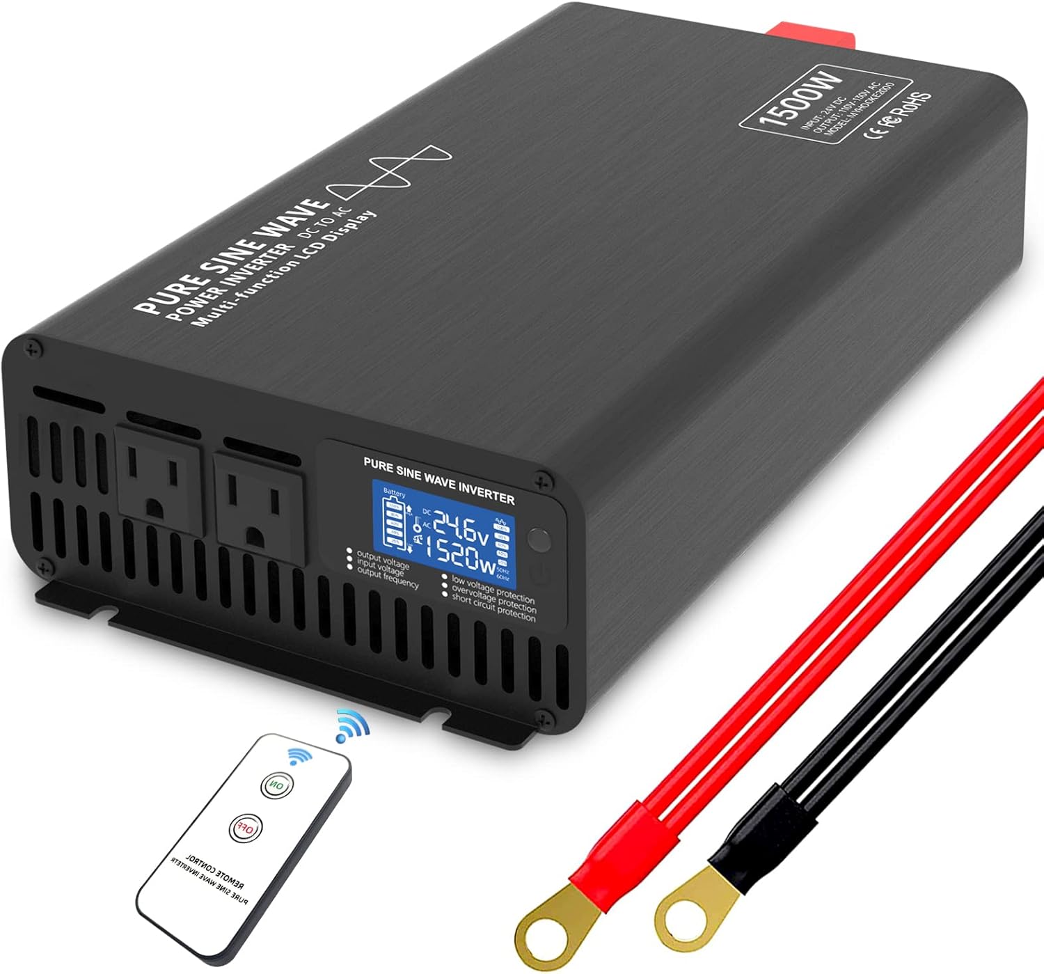Pure Sine Wave Power Inverter, 1500W Power Inverter DC 24V to AC 110V-130V Car Converter for RV Truck Boat Solar System with LCD Display and Wireless Remote Control