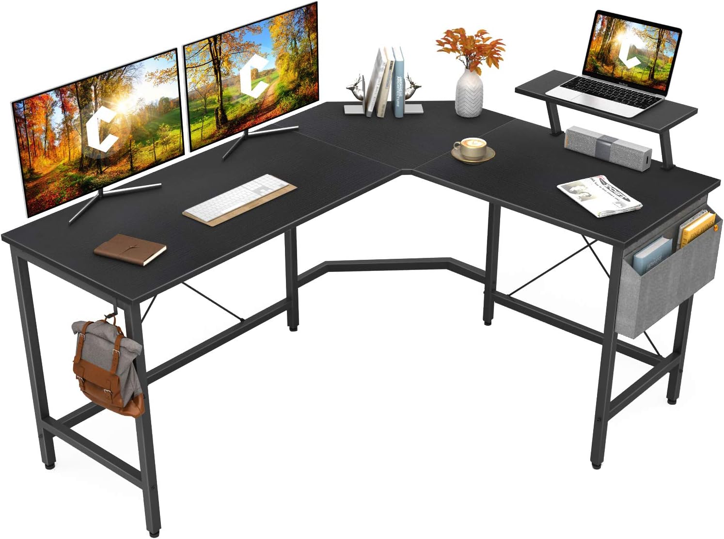 Cubiker Modern L-Shaped Computer Office Desk, Corner Gaming Desk with Monitor Stand, Home Office Study Writing Table Workstation for Small Spaces