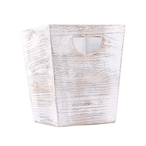 Ahaus Imports - Rustic Wood Waste Basket with Handles - Square - Weathered White Barnwood Style - 12x10x10in Pack of 2