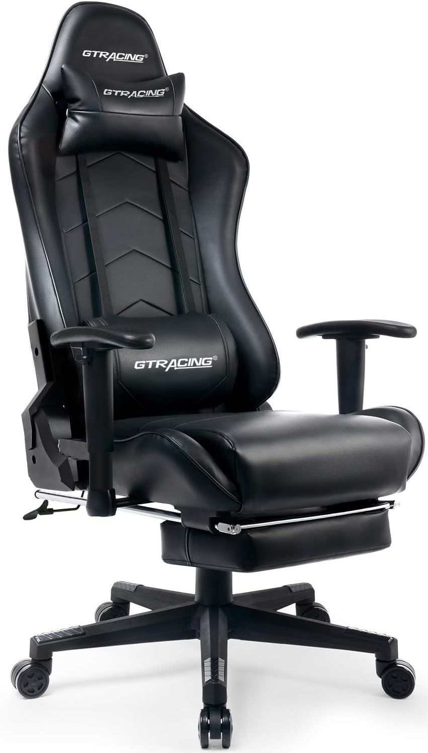 GTRACING Gaming Chair with Footrest Big and Tall Gamer Chair Office Executive Chair Heavy Duty Adjustable Recliner with Headrest Lumbar Support Cushion Desk Chair (Black)