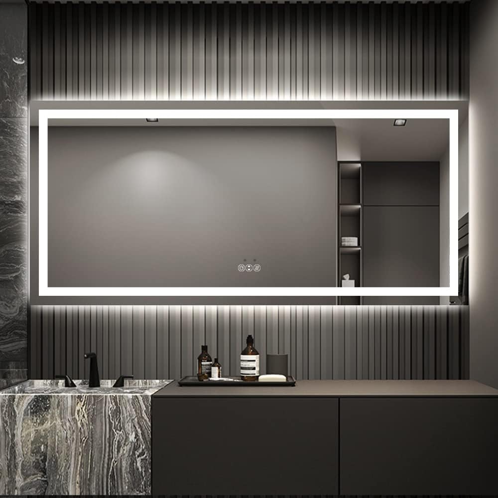 WTTY Led Bathroom Mirror 60 x 28,Lighted Vanity Mirror,Front & Backlit,Anti-Fog,Dimmable 3000-6000K,Memory Function,Wall Mounted Large Led Mirror(Horizontal/Vertical)