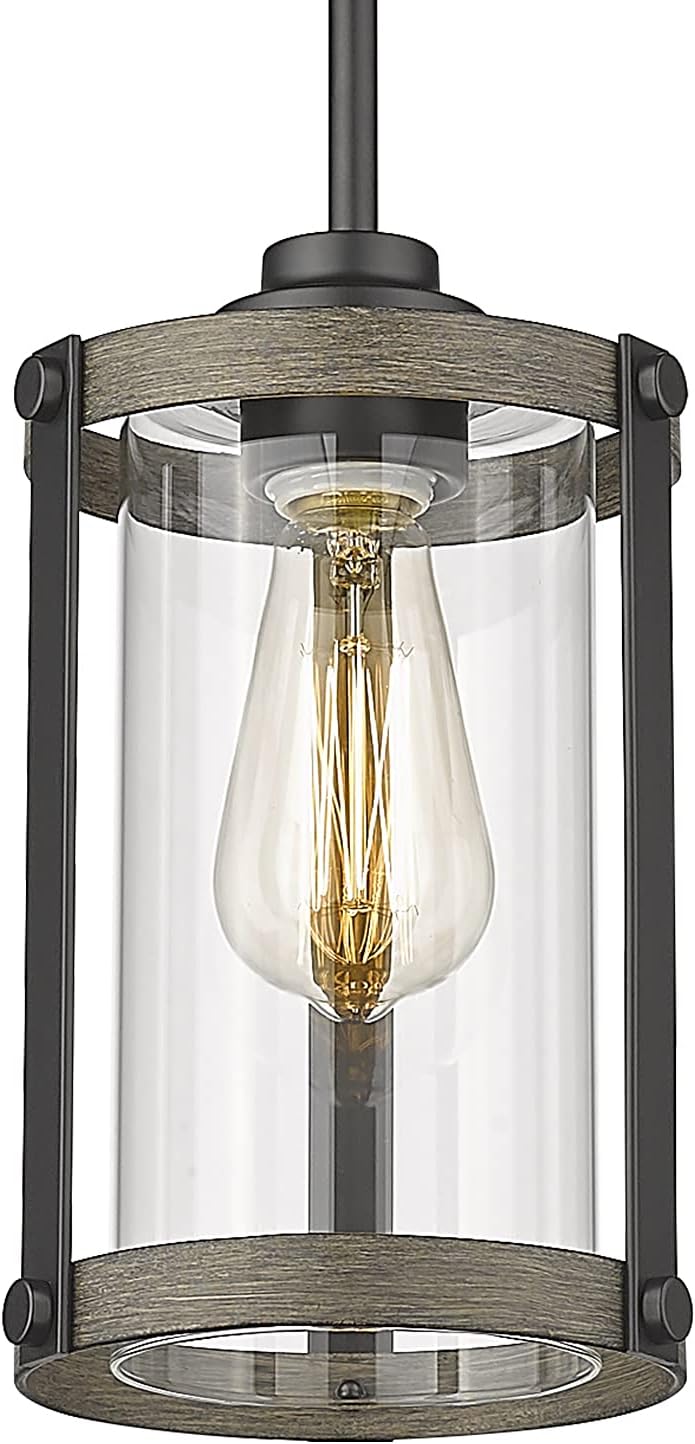 Osimir Industrial Pendant Lighting, Mini Glass Pendant Lights for Kitchen Island in Wood and Black Finish, Adjustable Length, CH9180-1B