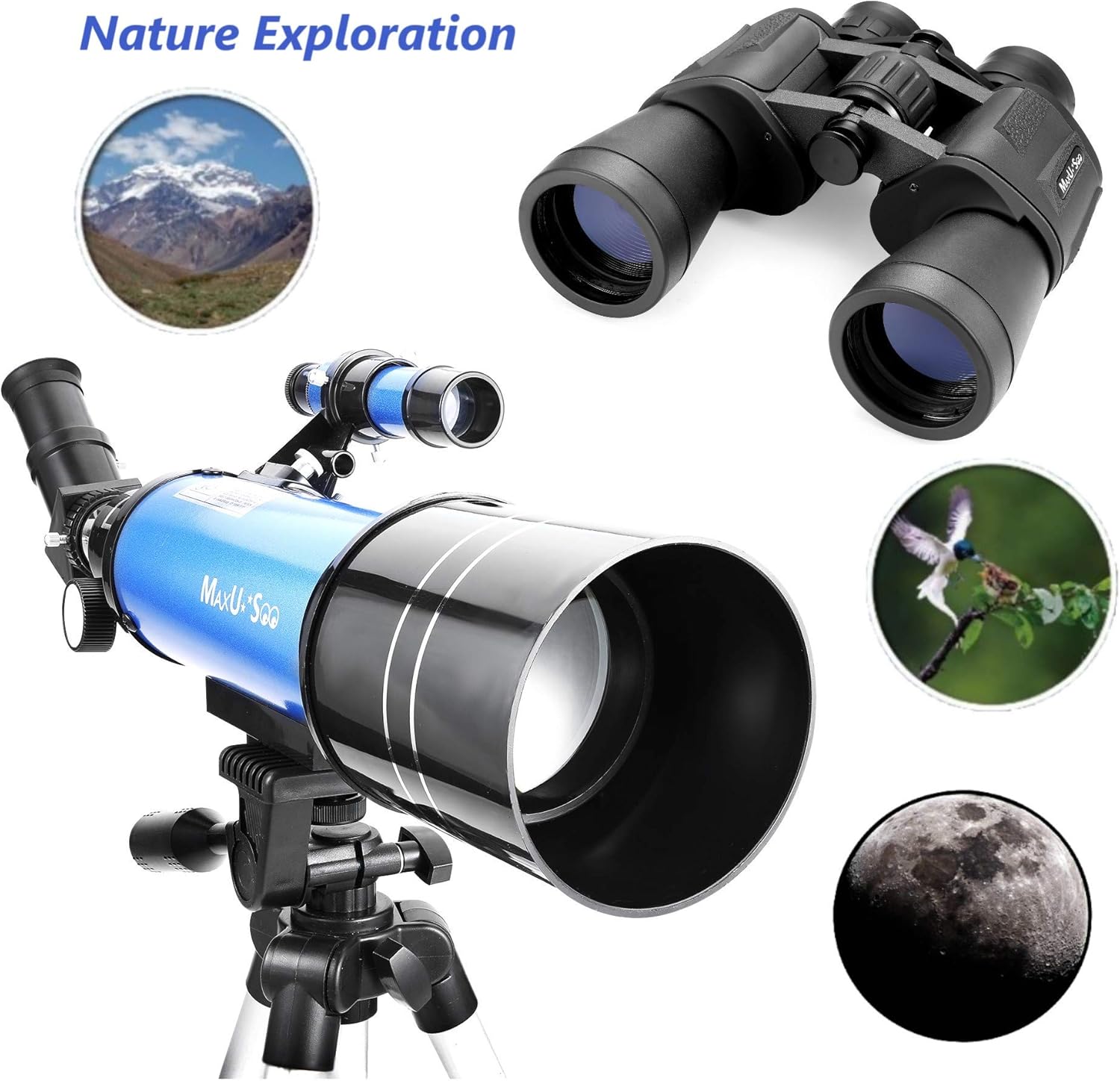 MaxUSee Travel Telescope with Backpack - 70mm Refractor Telescope & 10X50 HD Binoculars Bak4 Prism FMC Lens for Moon Viewing Bird Watching Sightseeing