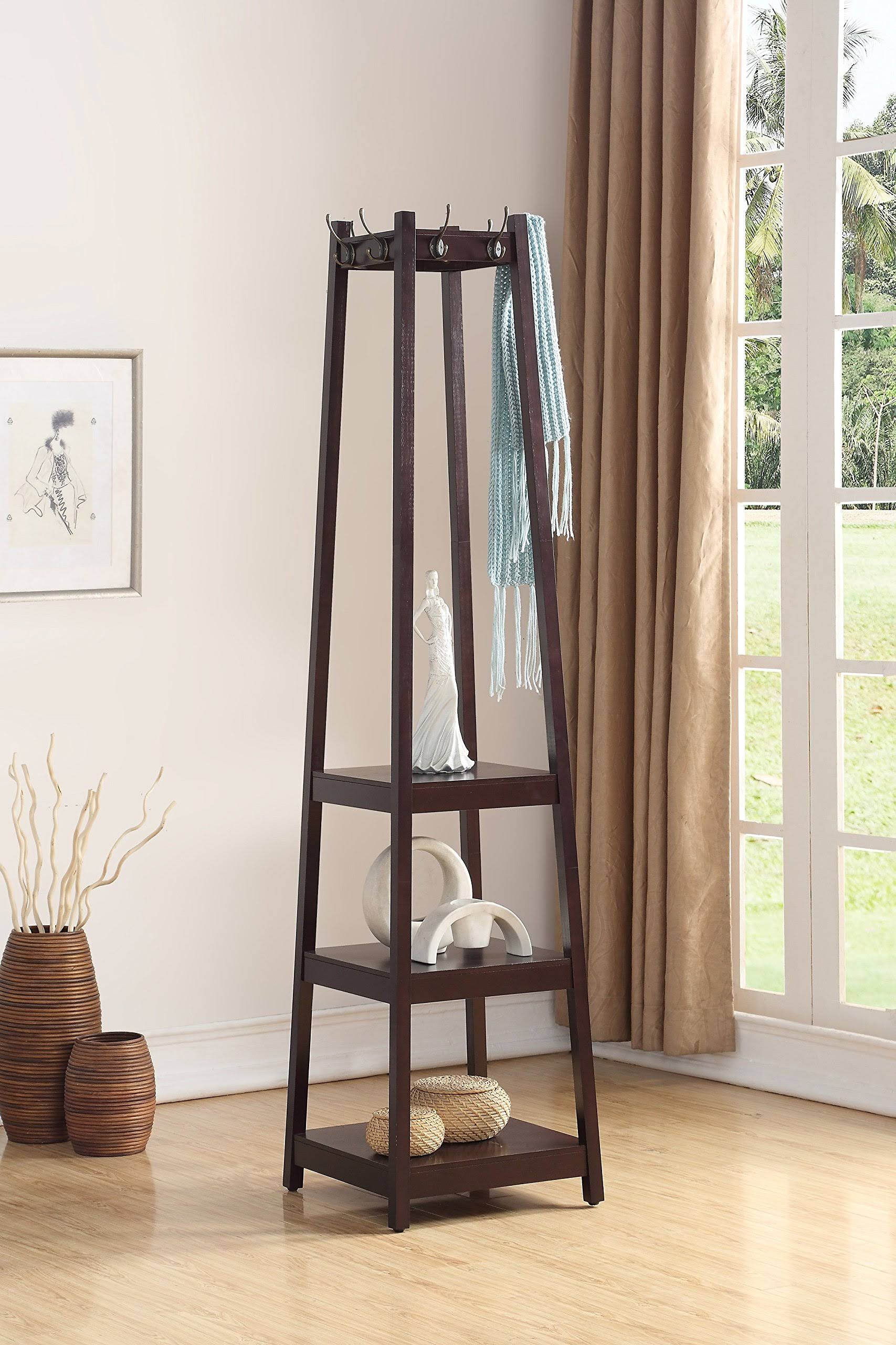 Roundhill Furniture Vassen 3-Tier Storage Shelve Coat Rack, Espresso