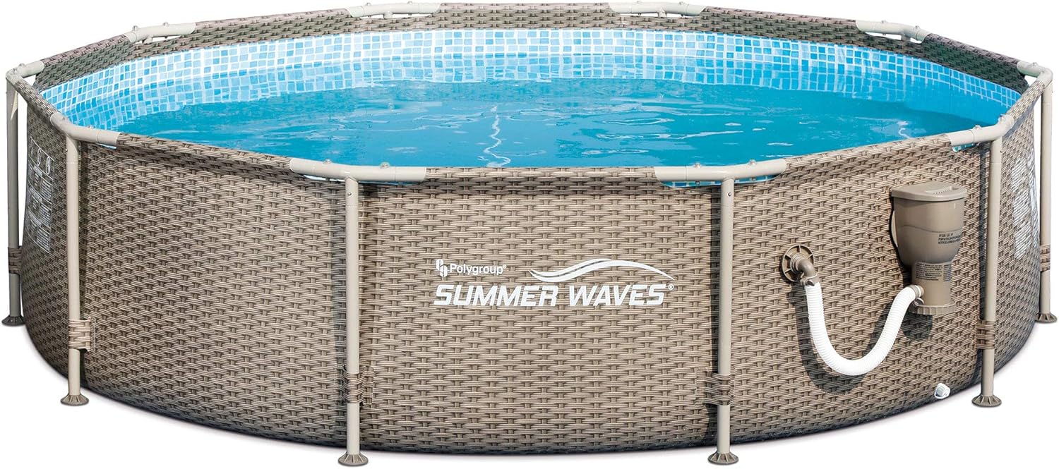 Summer Waves P2A00830A Active Metal Frame 8ft x 30in Round Above Ground Wicker Gray Swimming Pool w/Skimmer Plus Pool Filter Pump & Type 1 Cartridge