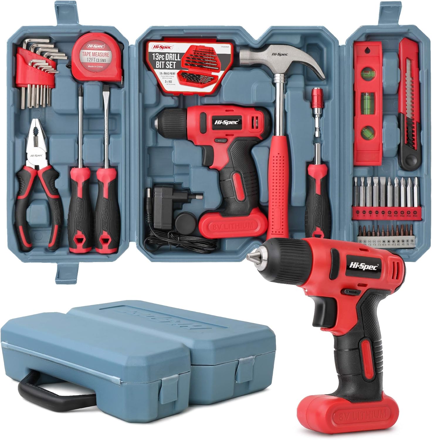 Hi-Spec 57 Piece 8V Electric Power Drill Driver & Home DIY Tool Kit Set. All Purpose Hand Tools for Household & Office DIY Repair & Maintenance. All In a Compact Carry Case Pack of 2