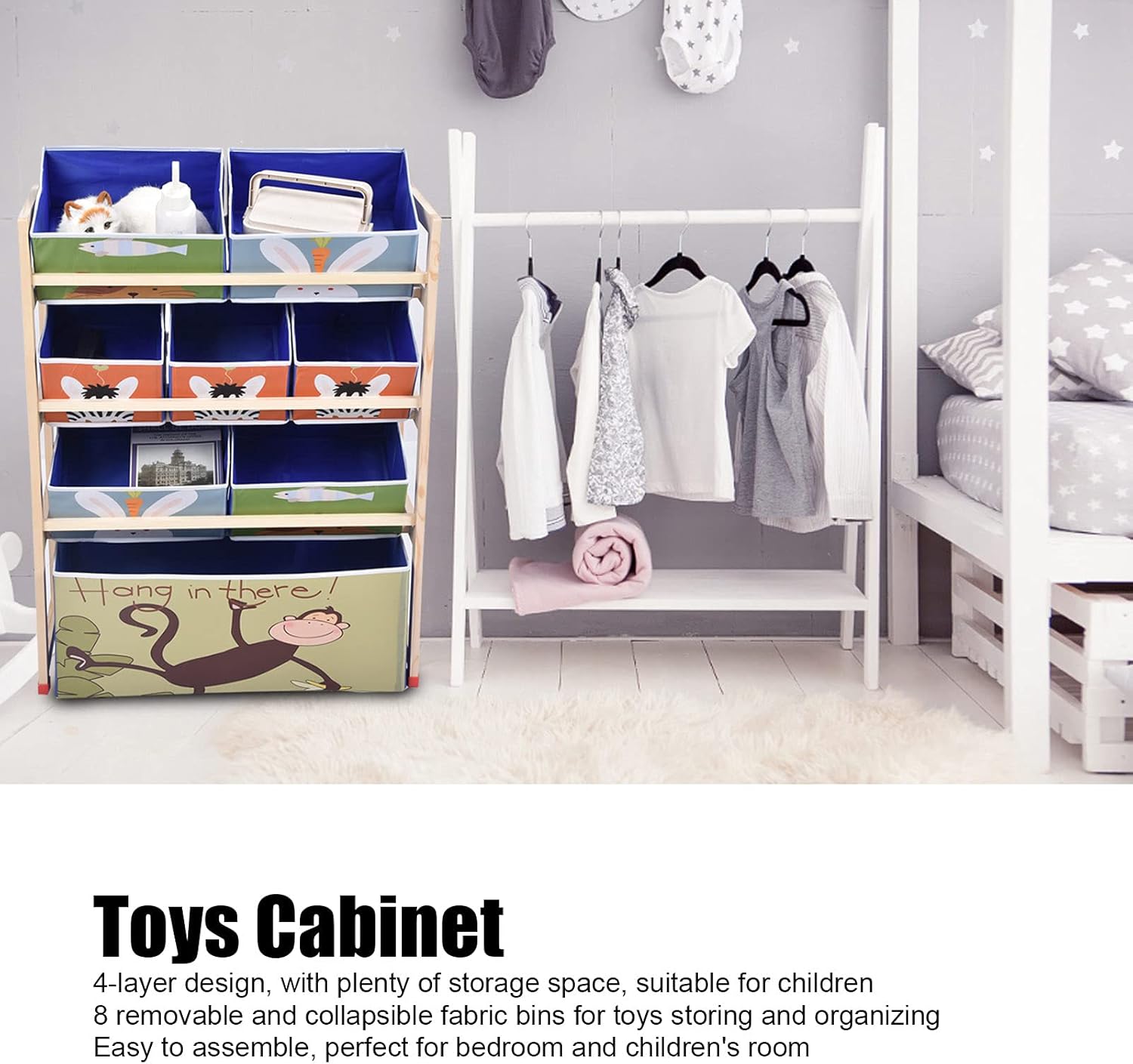 Toy Storage Cabinet, Toy Storage Cabinet with 8 Removable Fabric Bins Toys Container Organizer Display Organizer for Playing Room, Bedroom, Nursery, Classroom Pack of 2