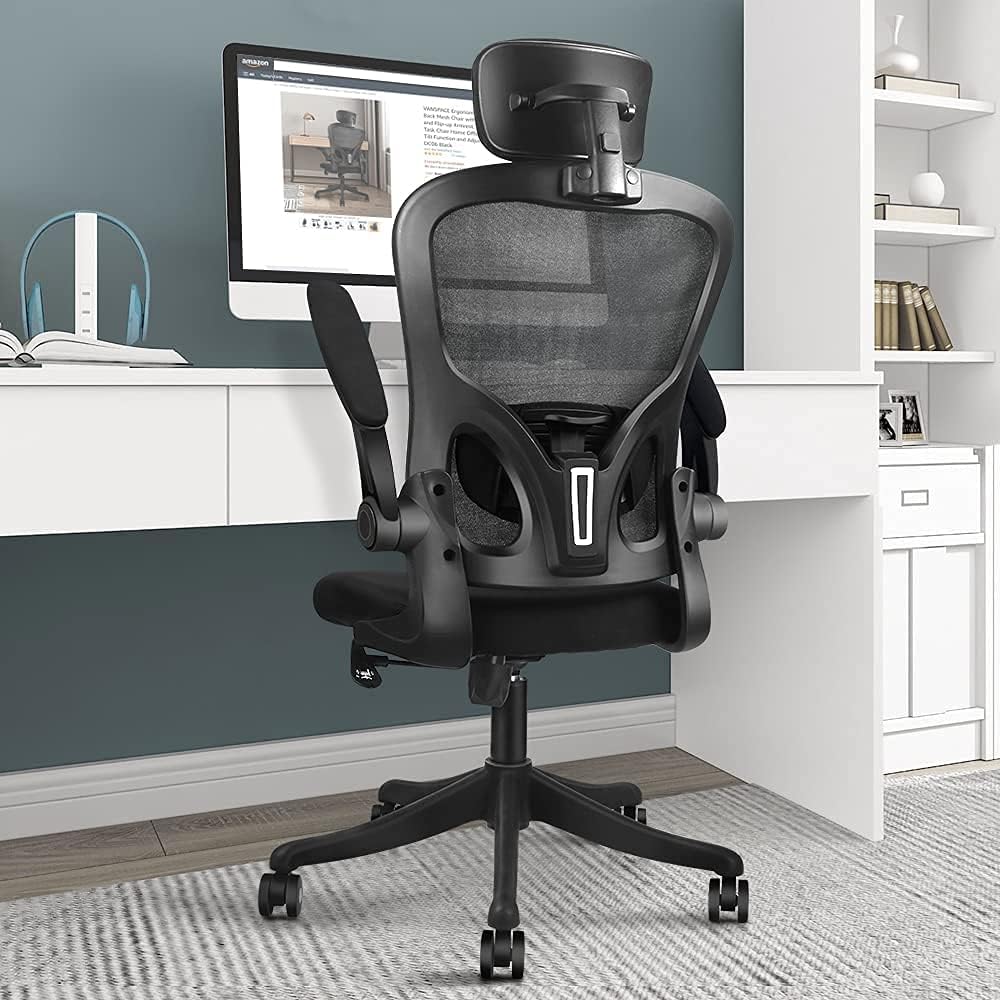 VANSPACE Ergonomic Office Chair High Back Mesh Chair with Flip-up Armrest and Lumbar Support, Swivel Computer Task Chair Home Office Desk Chair with Tilt Function and Adjustable Headrest, DC06 Black