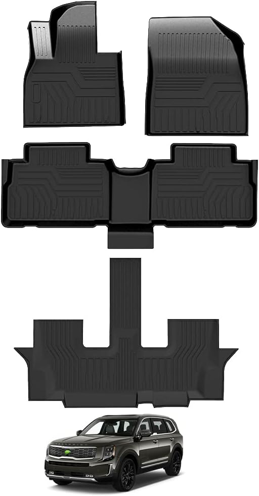 T TGBROS Custom Fit for Floor Mats 2020-2023 Kia Telluride 7-Seater (with 2nd Bucket Seats Without Center Console) All Weather Floor Liners Carpet 3 Row Liner Set Black