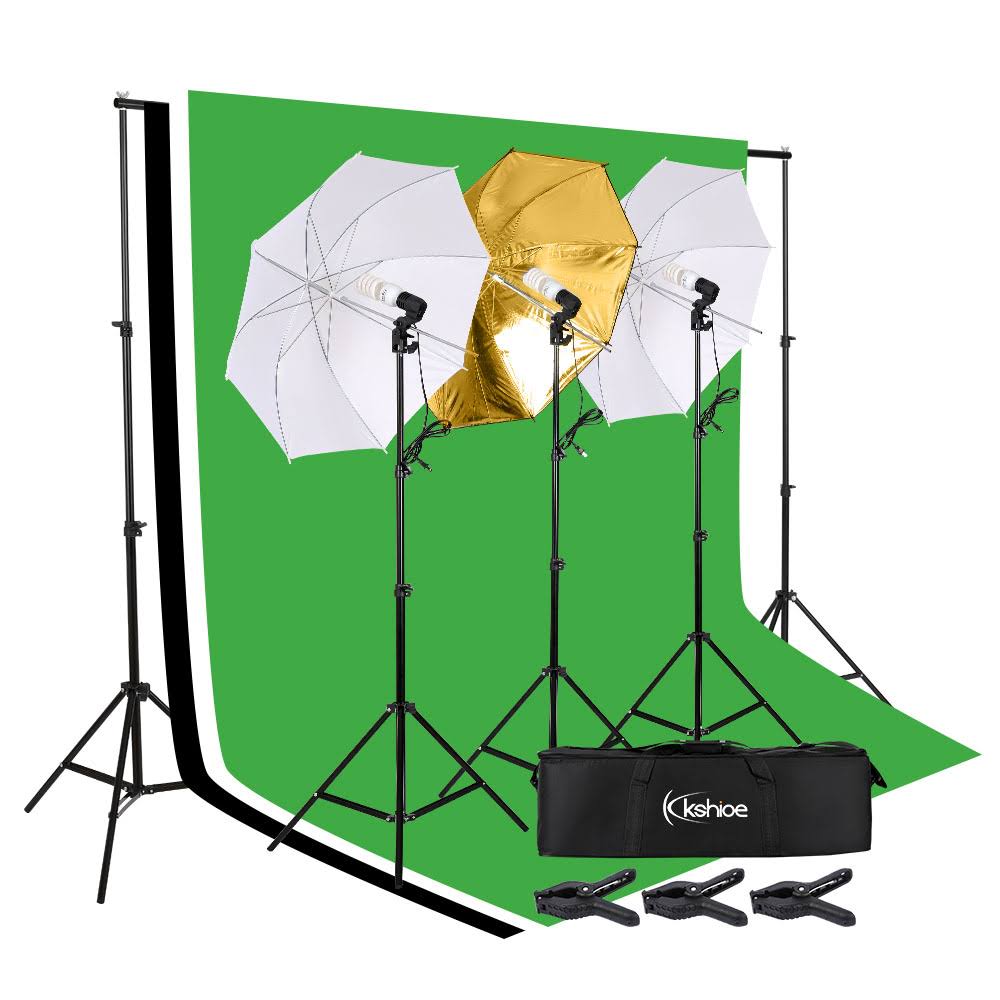 Kshioe Photo Studio Lighting Photography 3 Backdrop Stand Muslin Light Kit Umbrella Set