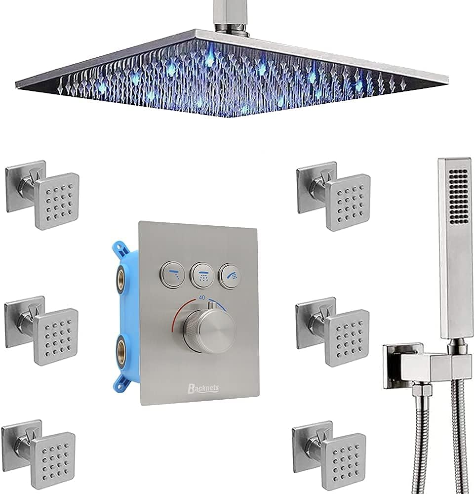 Backnets shower system 12 Inch Wall Mount LED Rainfall Shower Heads System with 6pcs Body Jets and Shower Handheld system，Shower Faucet Fixture Set, Can Use All Options at A Time (Matte Black)