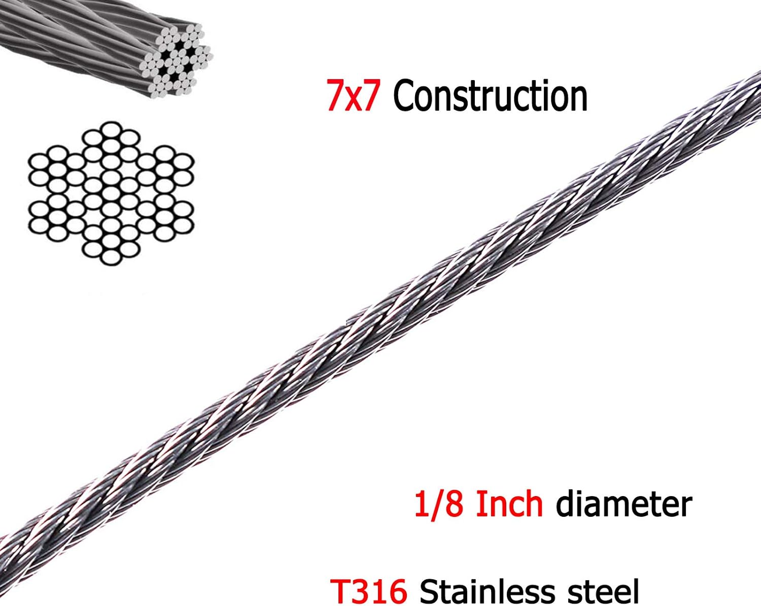 SHZOND T316 Stainless Steel Cable 500ft Aircraft Wire Rope 1/8
