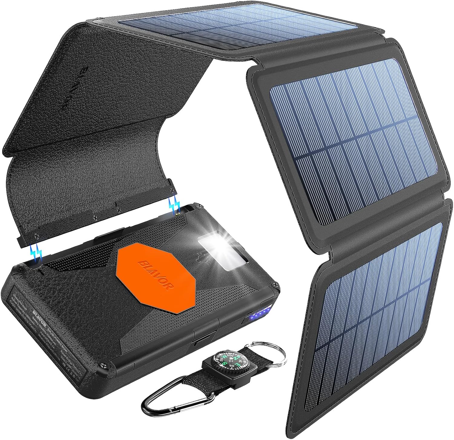 BLAVOR Solar Charger Five Panels Detachable, Qi Wireless Charger 20000mAh Portable Power Bank with Dual Output Type C Input Flashlight and Compass Kit (Black, 20000mah) Pack of 2