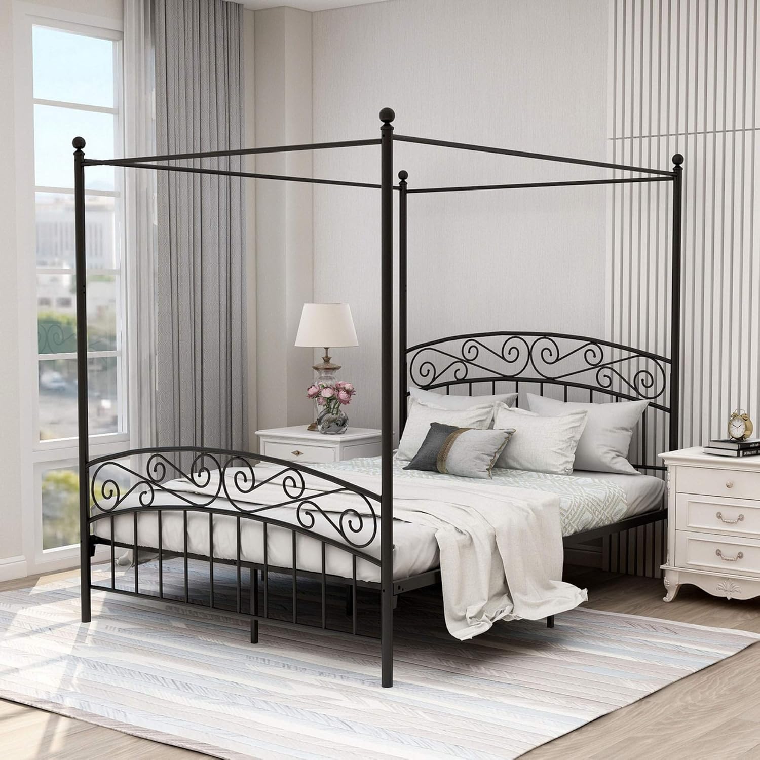 Canopy Bed with Sturday Metal Bed Frame No Box Spring Needed Mattress Foundation Texture Black, Queen