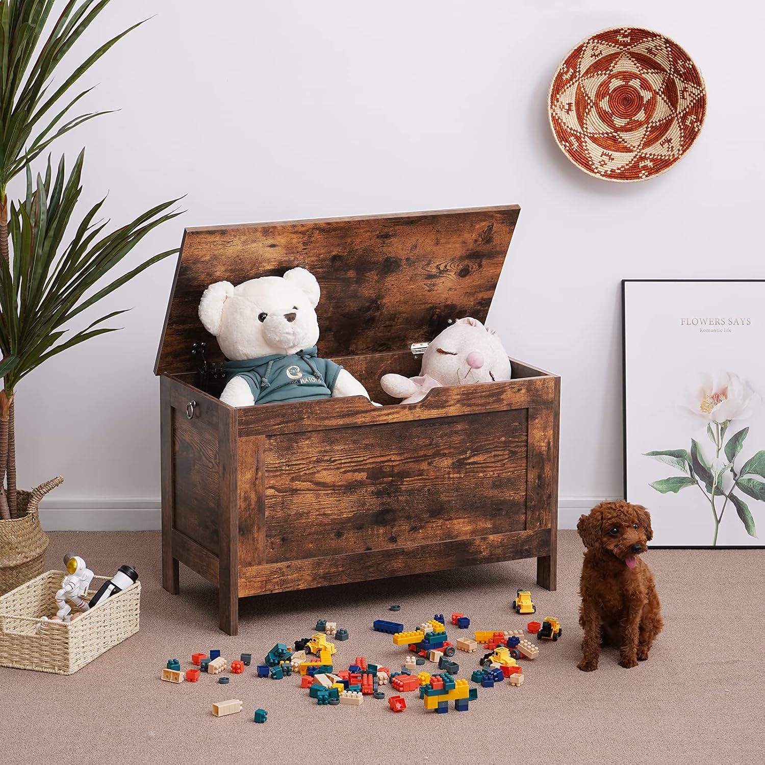 Irontar Lift Top Storage Chest, Wooden Toy Box with Safety Hinge, Large Capacity Storage Bench for Entryway, Living Room, Kid's Playroom, Rustic Brown HXD001X