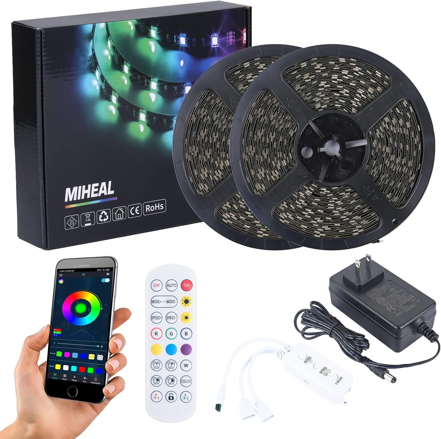 Miheal Led Strip Lights Kit 65.6ft(20M) 5050 SMD RGB Flexible LED Tape Lights Non-Waterproof with DC24V UL Power Supply RF Remote Controller for Under Cabinet Lighting Bedroom, Living Room Black Band Pack of 2