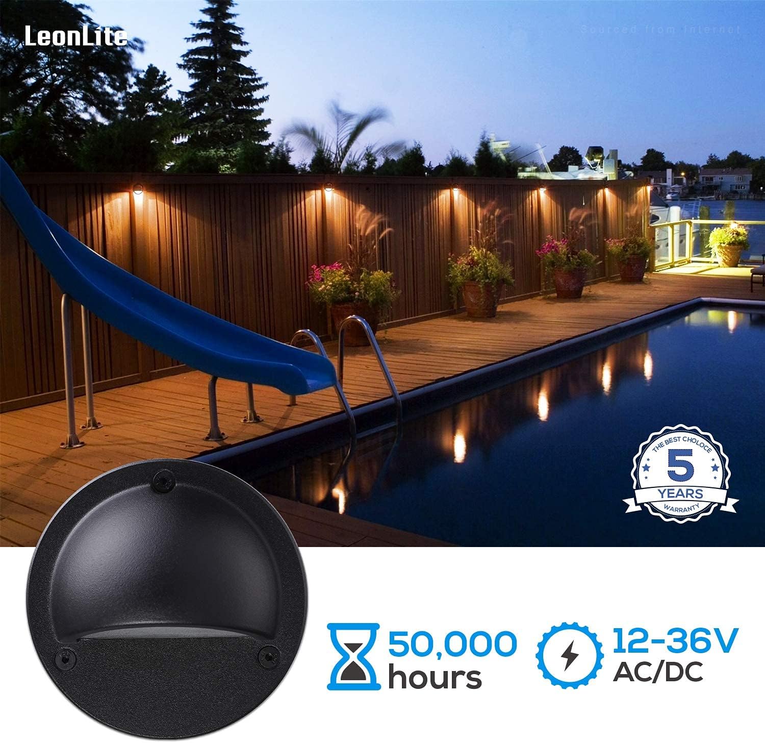 LEONLITE Deck Lights Low Voltage LED, 12V Step Railing Light with 2.3W, Die-cast Aluminum, UL Listed Cord, 12V-36V, 3000K Warm White, 5 Years Warranty, Pack of 6