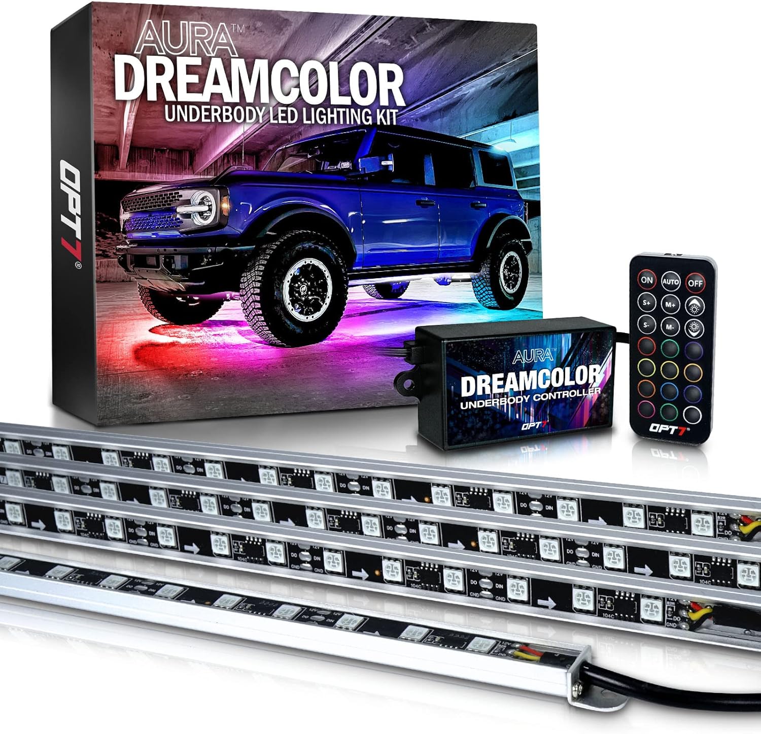 OPT7 Aura Dreamcolor Underglow LED Chasing Lighting Kit w/ Remote, Aluminum Casing, Exterior Neon Accent Underbody Light Bar, Multi-Mode, IP67 Water-Resistant, Car Truck Pickup RV, DC 12V
