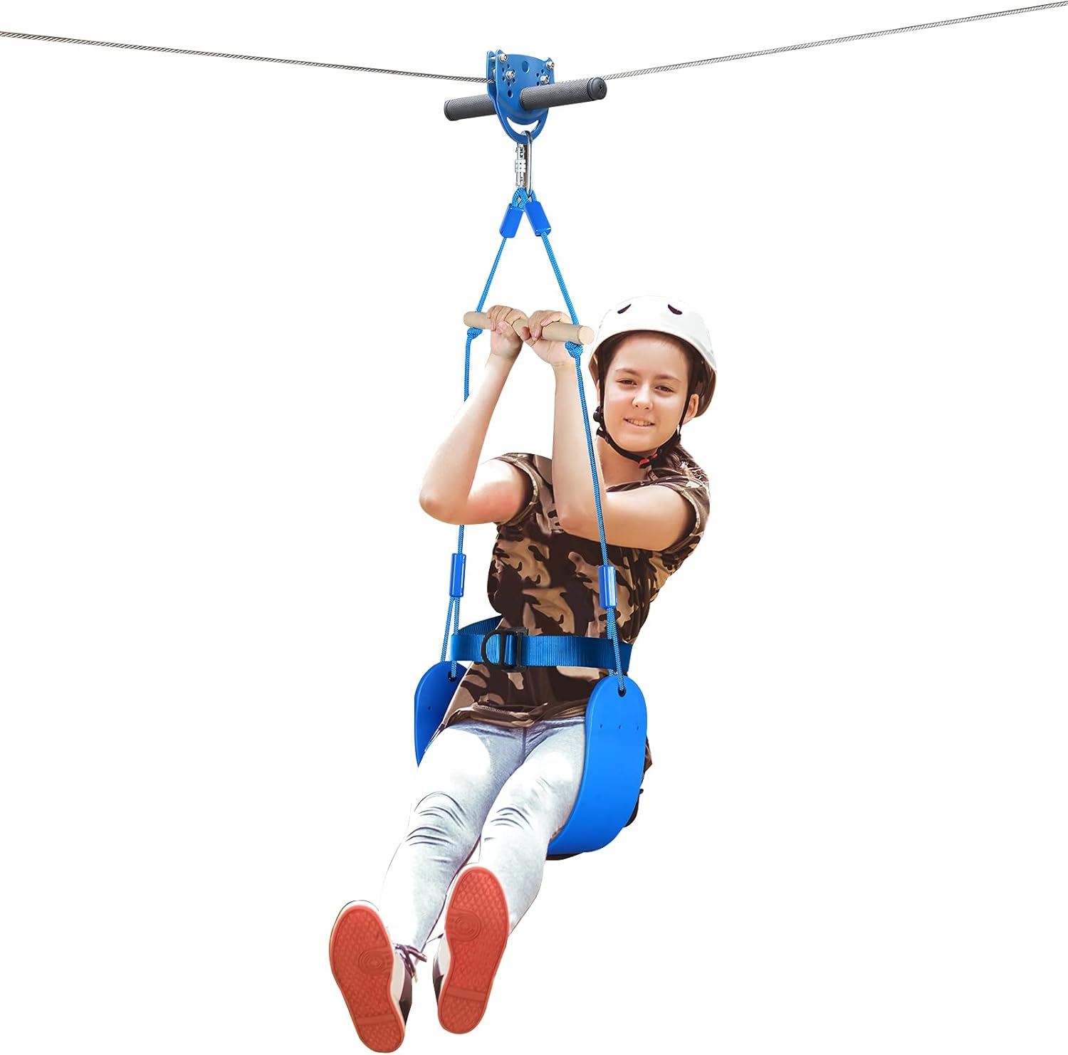 Jugader Unique Swing Seat, Zipline Kits for Backyard with Cable Tensioning Kit, Stainless Steel Spring Brake/120FT Main Cable/9.8FT Sling Cable, Trolley with Handle, Safety Harness