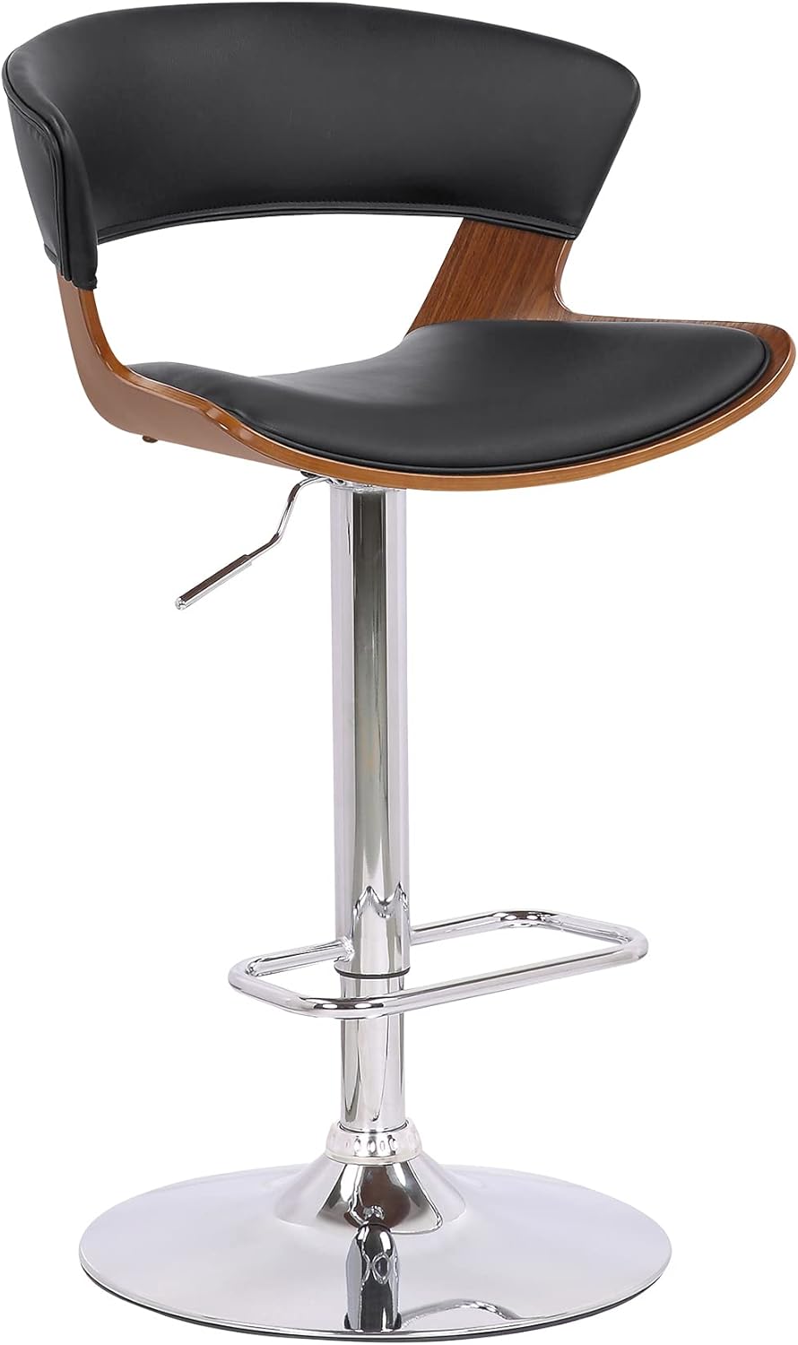 Karine Adjustable Swivel Black Faux Leather and Walnut Wood Bar Stool with Black Base