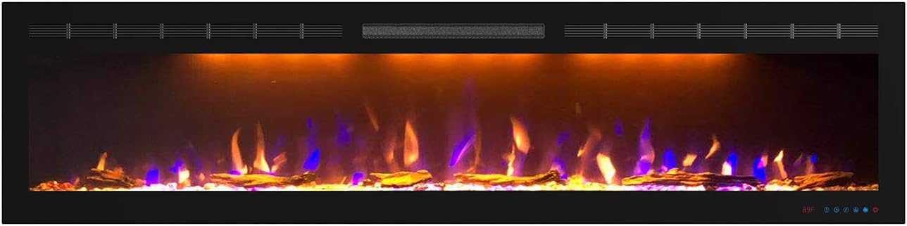 Mystflame 72 inch Electric Fireplace - Ultra Slim Frame - in Wall Recessed & Wall Mounted - Multicolor Flame - Log & Crystal Hearth - 1500/750 Watt Heater - Remote Control & Touch Screen- Timer