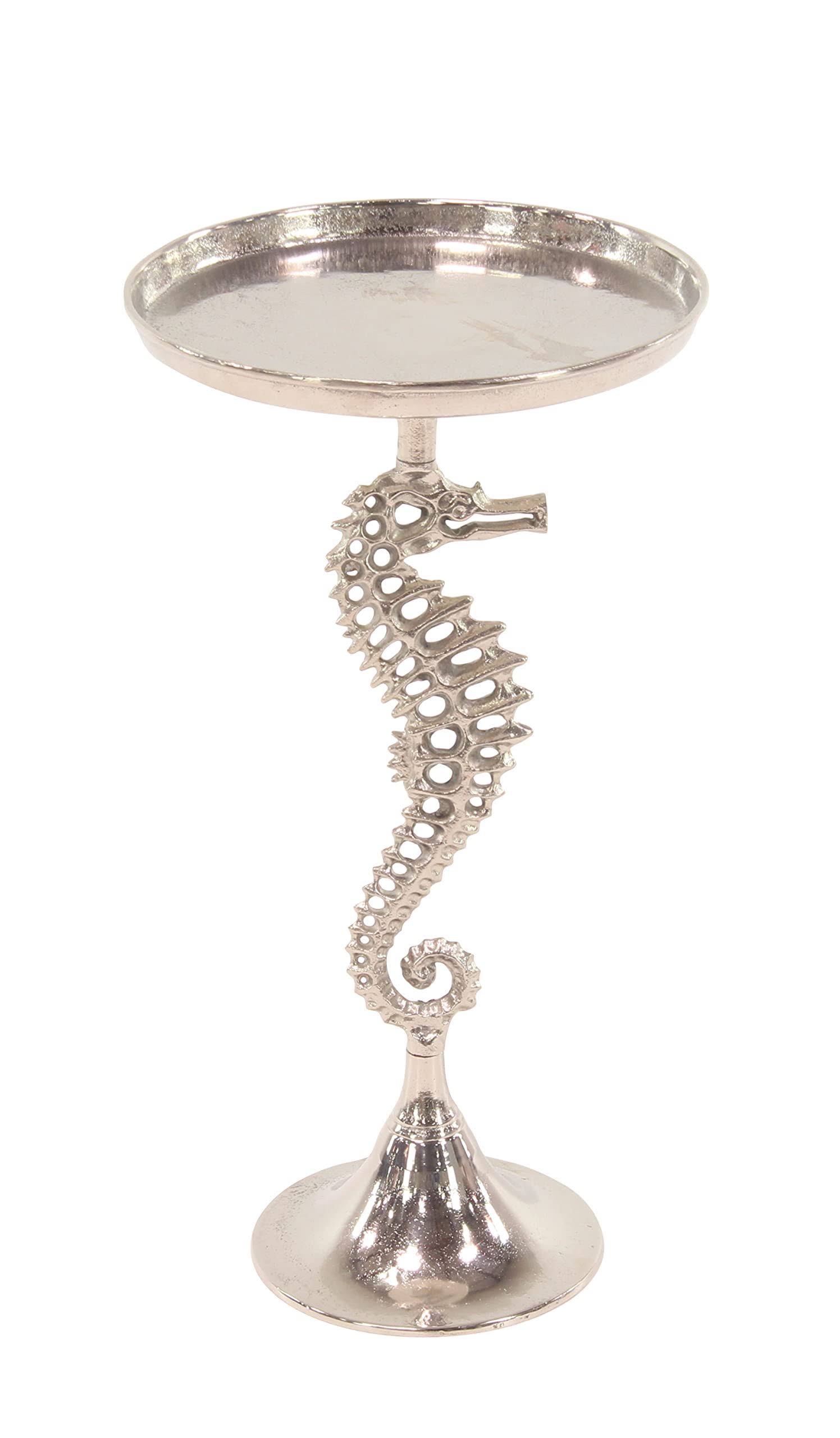 Decmode 27 inch Coastal Aluminum Seahorse-Inspired Round Accent Table, Silver