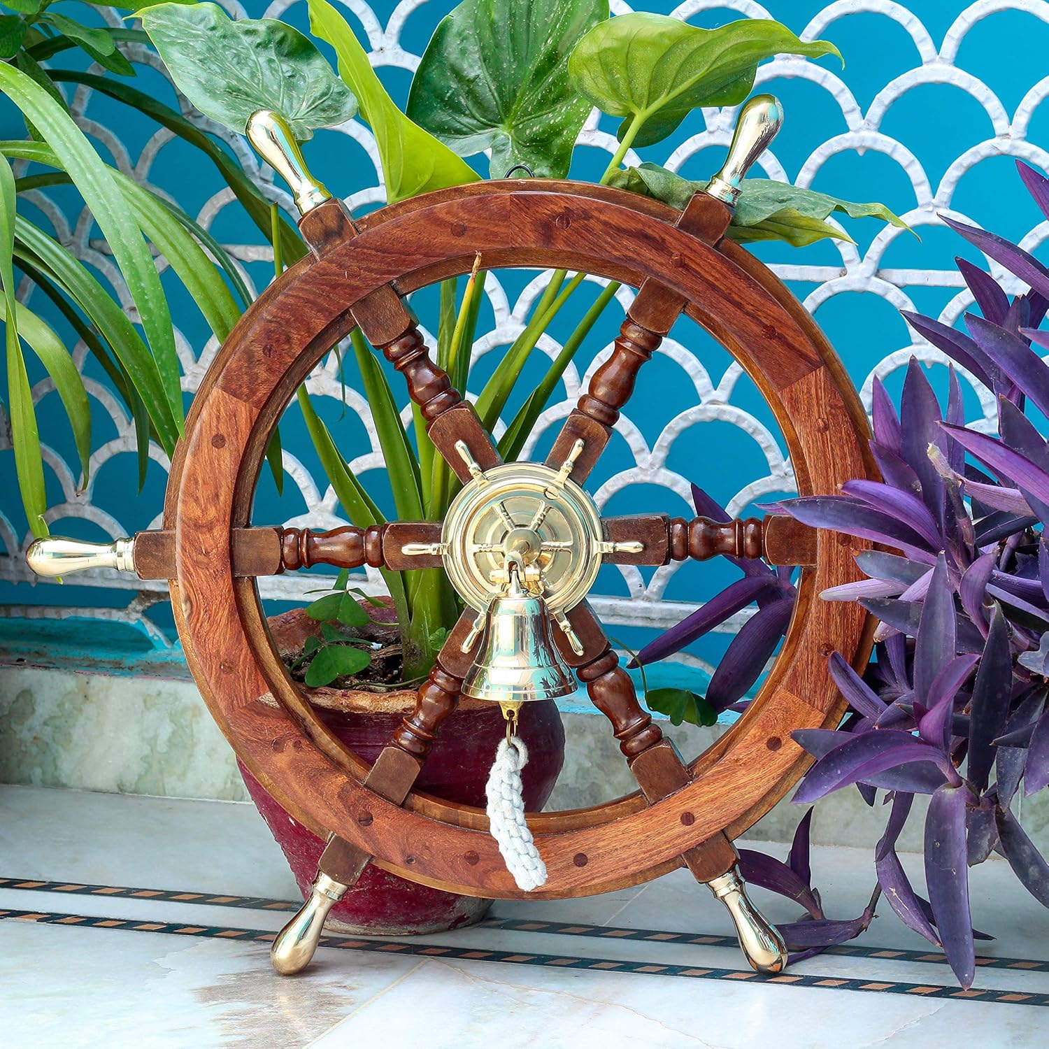 Nagina International Nautical Polished Brass Handle Ship Wheel with Bell | Beach Decor Gift | Pirate's (30 Inches)