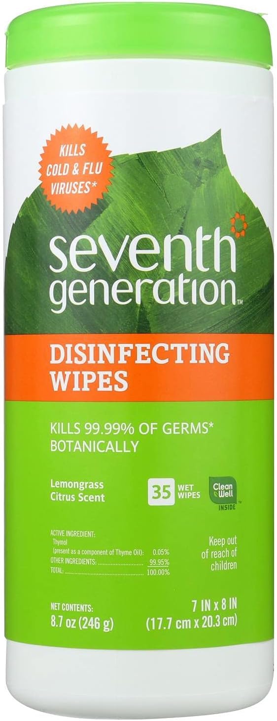 Seventh Generation Disinfecting and Cleaning Wipes, 8 x 7, White, 35/Can - 12 packs of 35 wipes each.