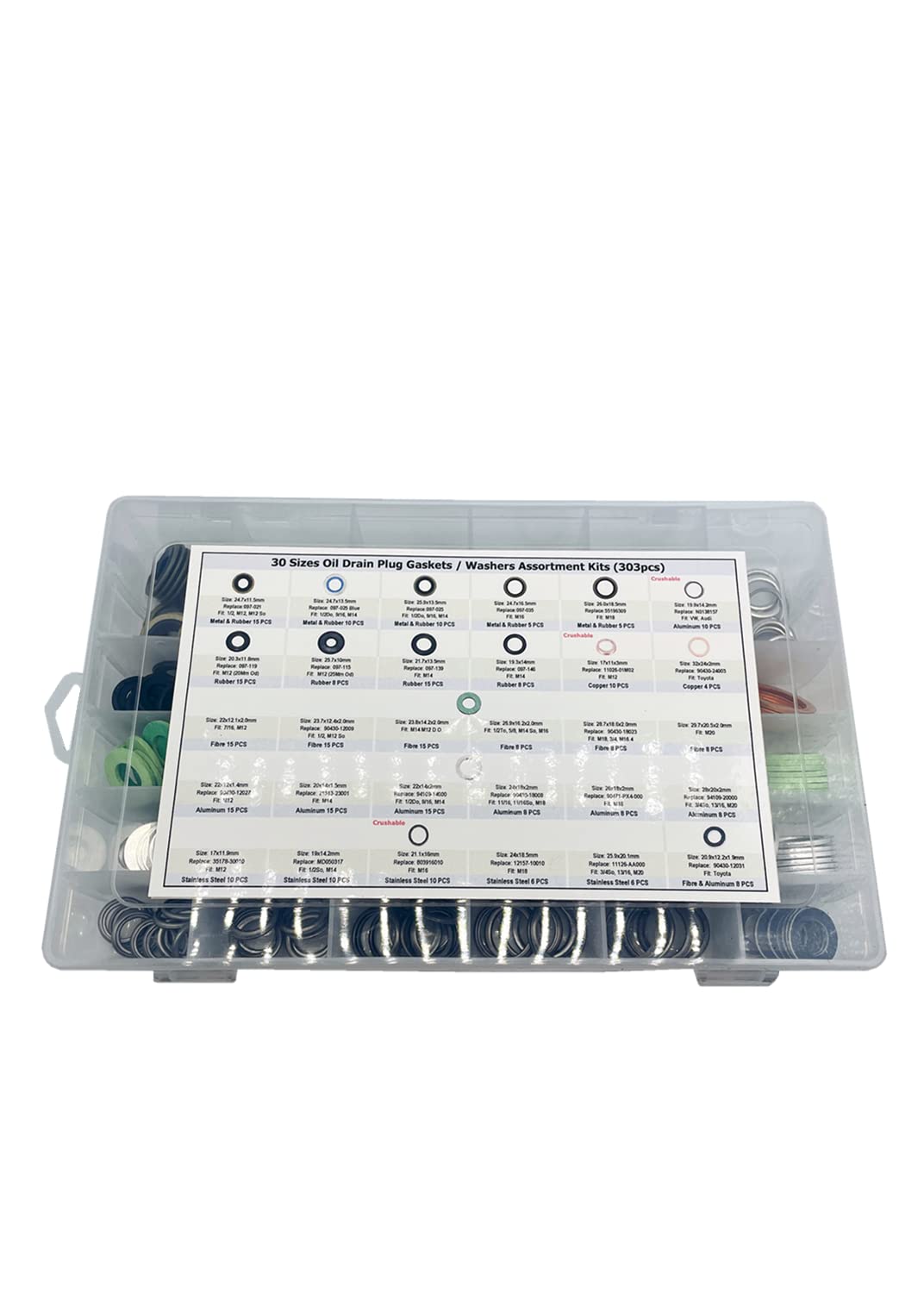 Dsnaduo 303PCS 30 Sizes Engine Oil Drain Plug Gaskets, Washer Assortment Kits Replace 097-119, 097-115, 097-139, 097-021, 097-025, N0138157, 11026-01M02, 90430-24003 Pack of 2