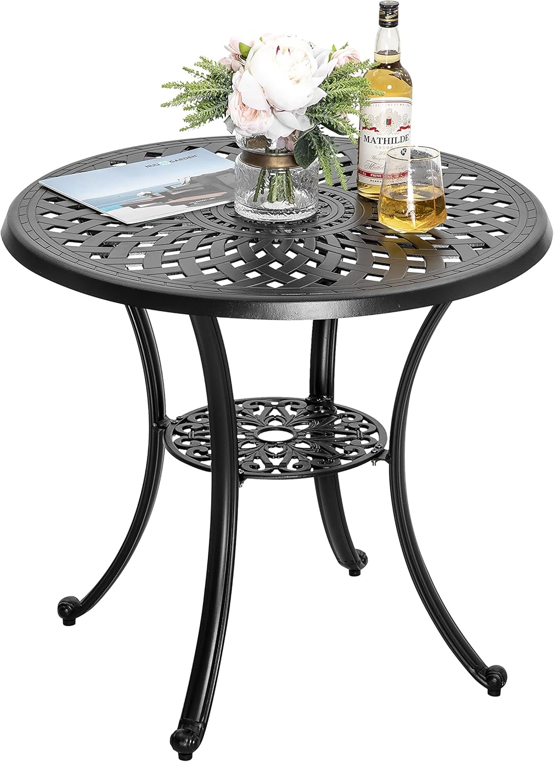 Nuu Garden 32 Inch Outdoor Dining Table with Umbrella Hole, Cast Aluminum Round Patio Bistro Table for Backyard, Garden, Patio, Porch, Black